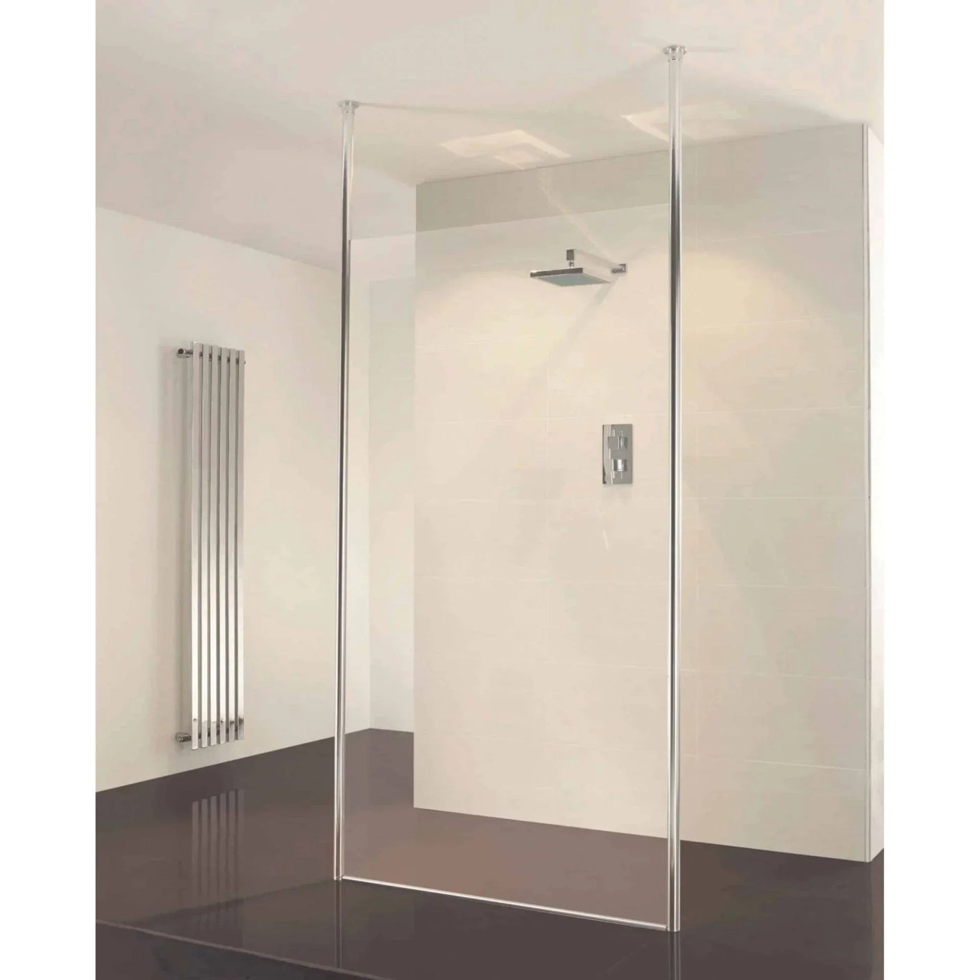 Walk in shower enclosure with clear glass panel and chrome rain shower head