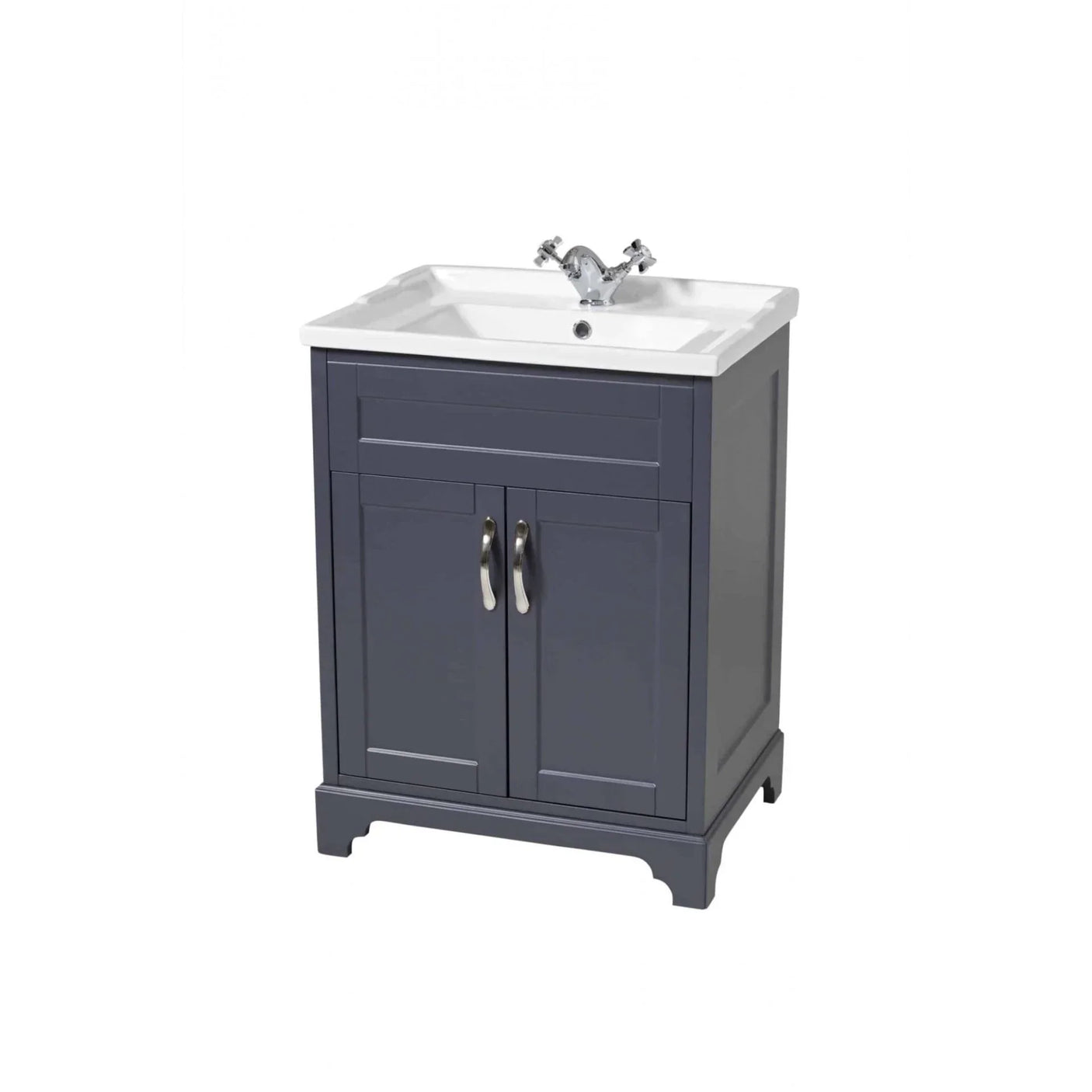 Grey bathroom vanity unit with white ceramic basin and chrome handles, front view