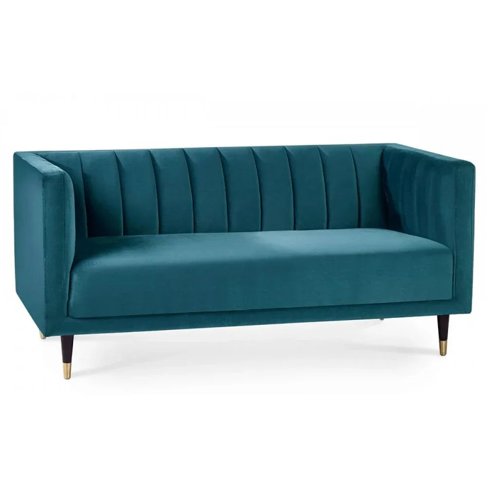 Teal velvet sofa with vertical stitched backrest and tapered wooden legs, front angle view