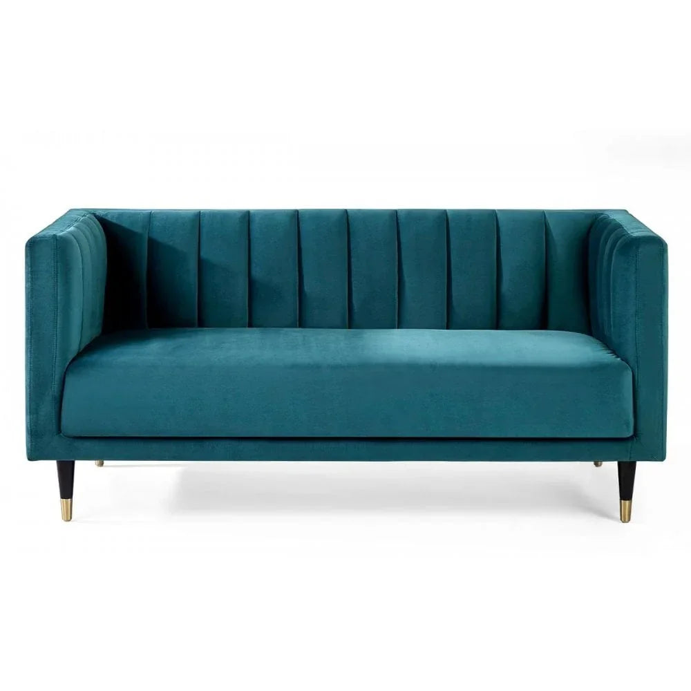 Teal velvet sofa with vertical channel tufting and black legs with gold tips, front view