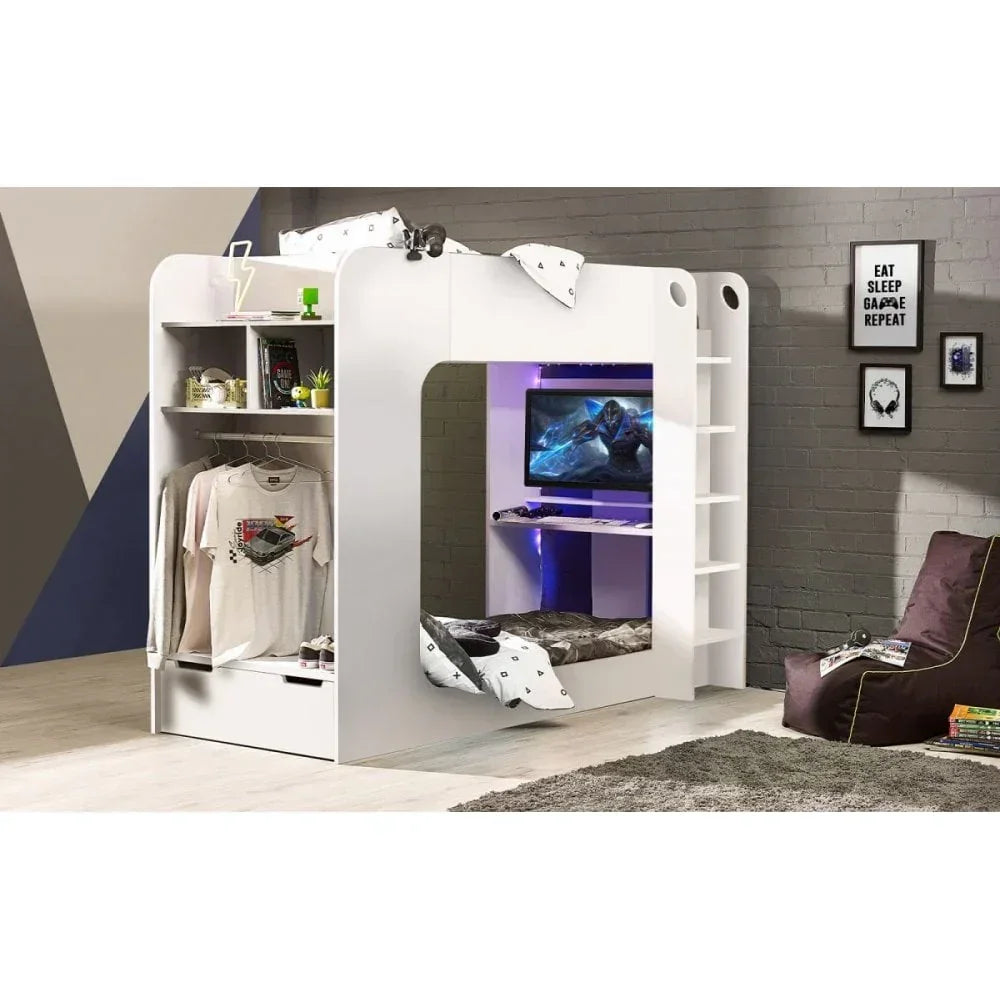 White gaming bunk bed with built-in wardrobe, desk, and TV in modern bedroom setting