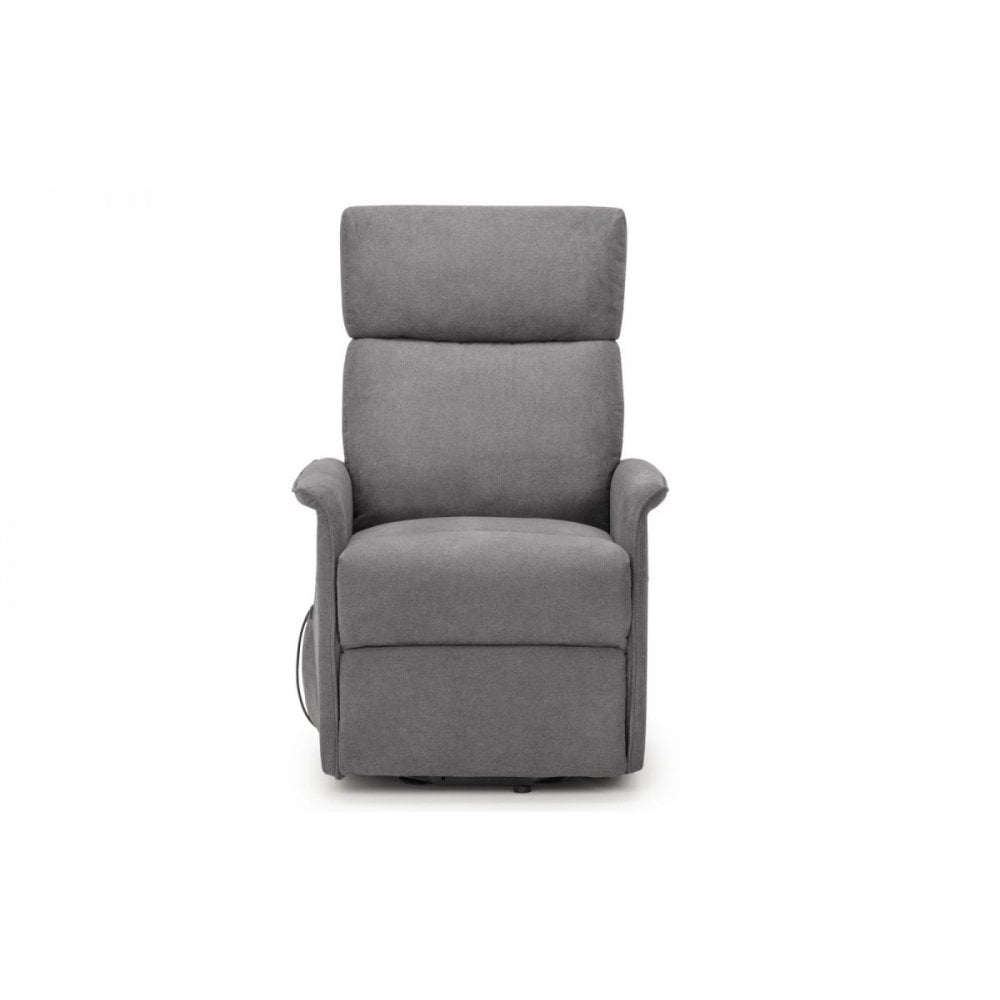 Grey fabric recliner chair with high backrest and padded arms, front view