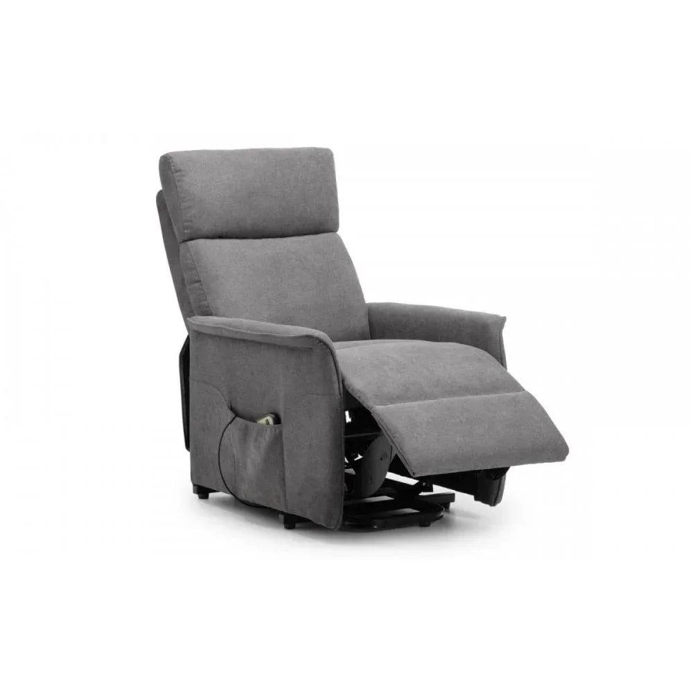 Grey fabric recliner chair with extended footrest and side storage pocket
