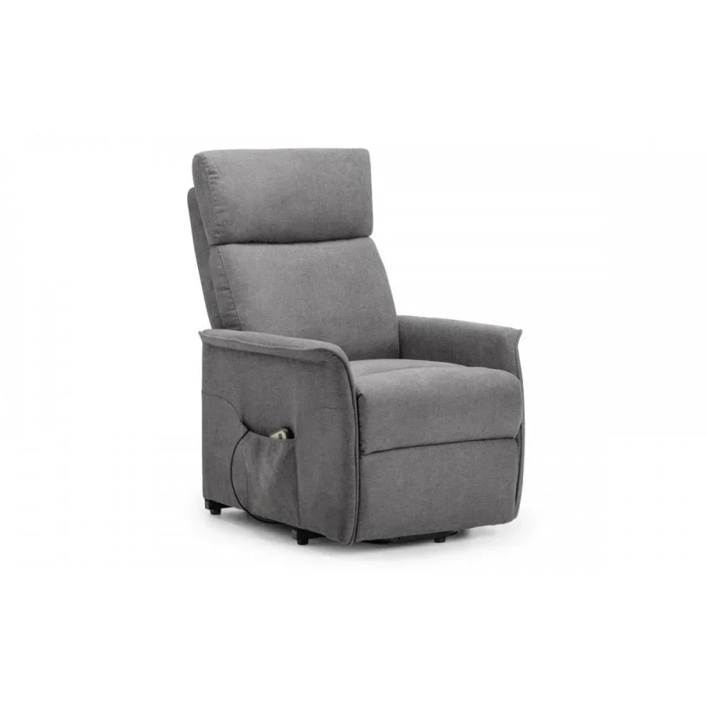 Grey fabric recliner armchair with high backrest and side pocket on white background