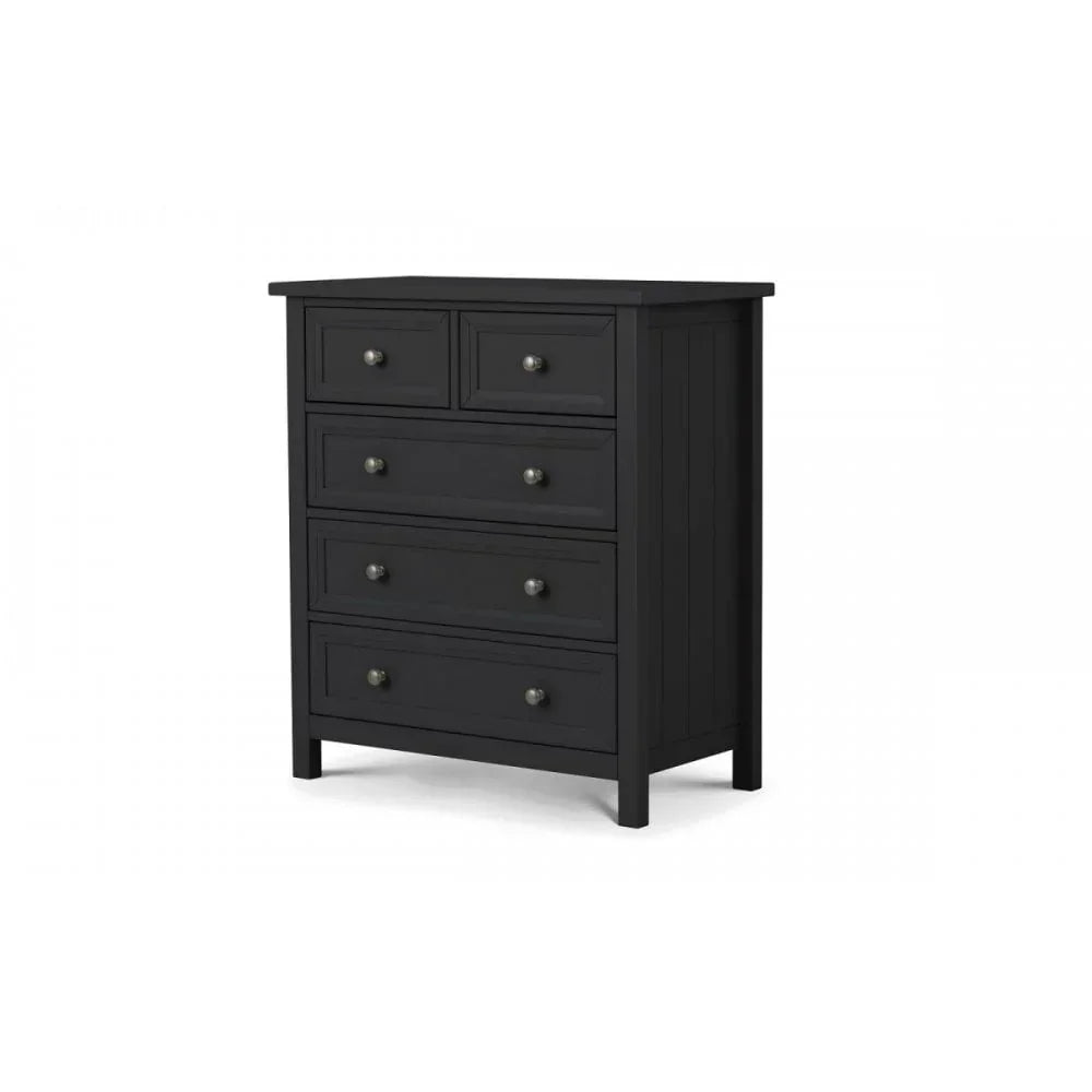 Black chest of drawers with five spacious drawers and metal handles on white background