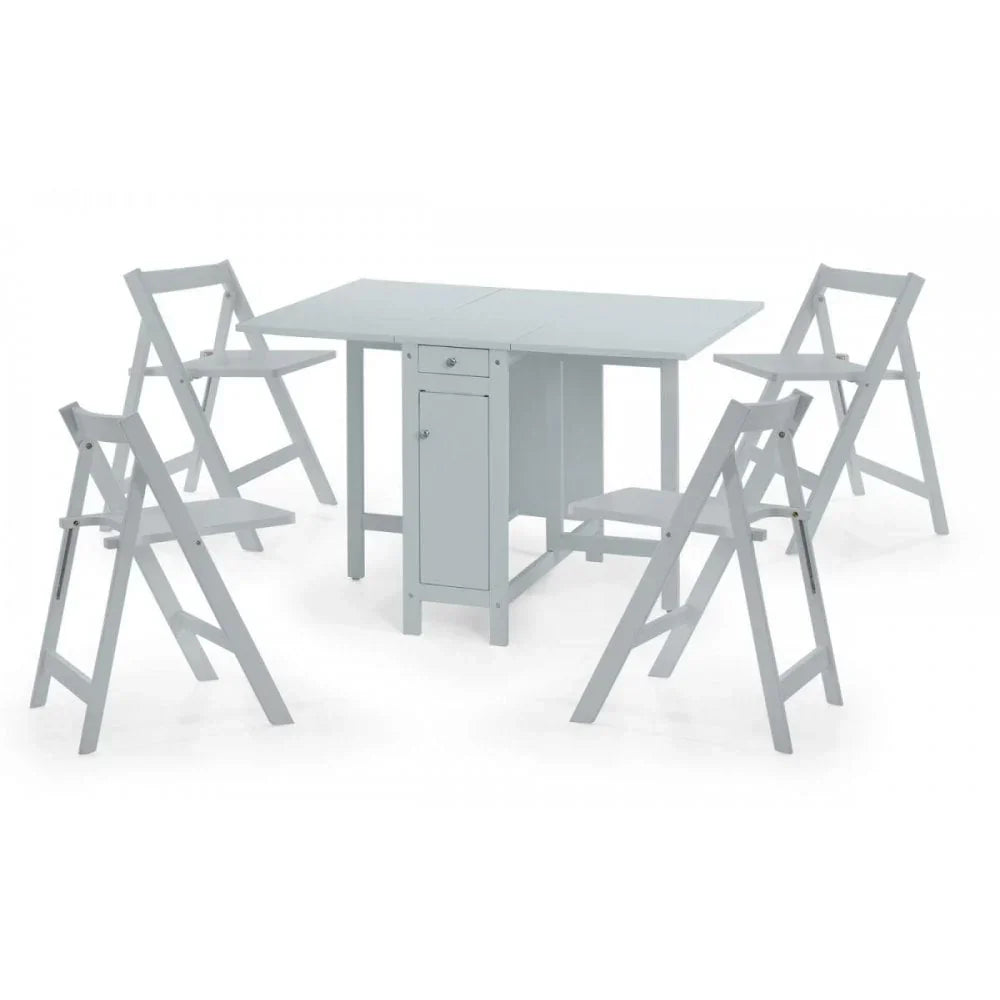 White folding dining table with storage cabinet and four matching folding chairs