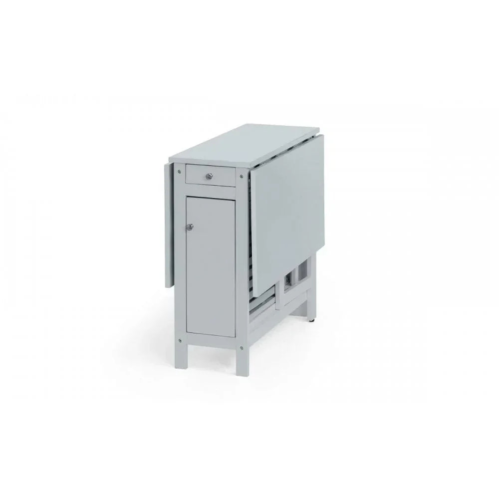 Grey folding dining table with side storage cabinet and pull-out drawer