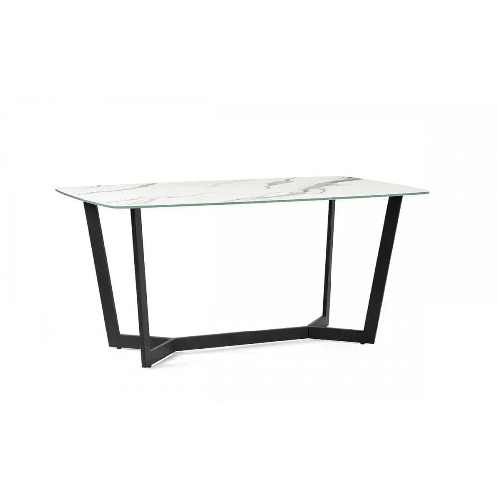 Rectangular dining table with white marble-effect top and black angled metal legs