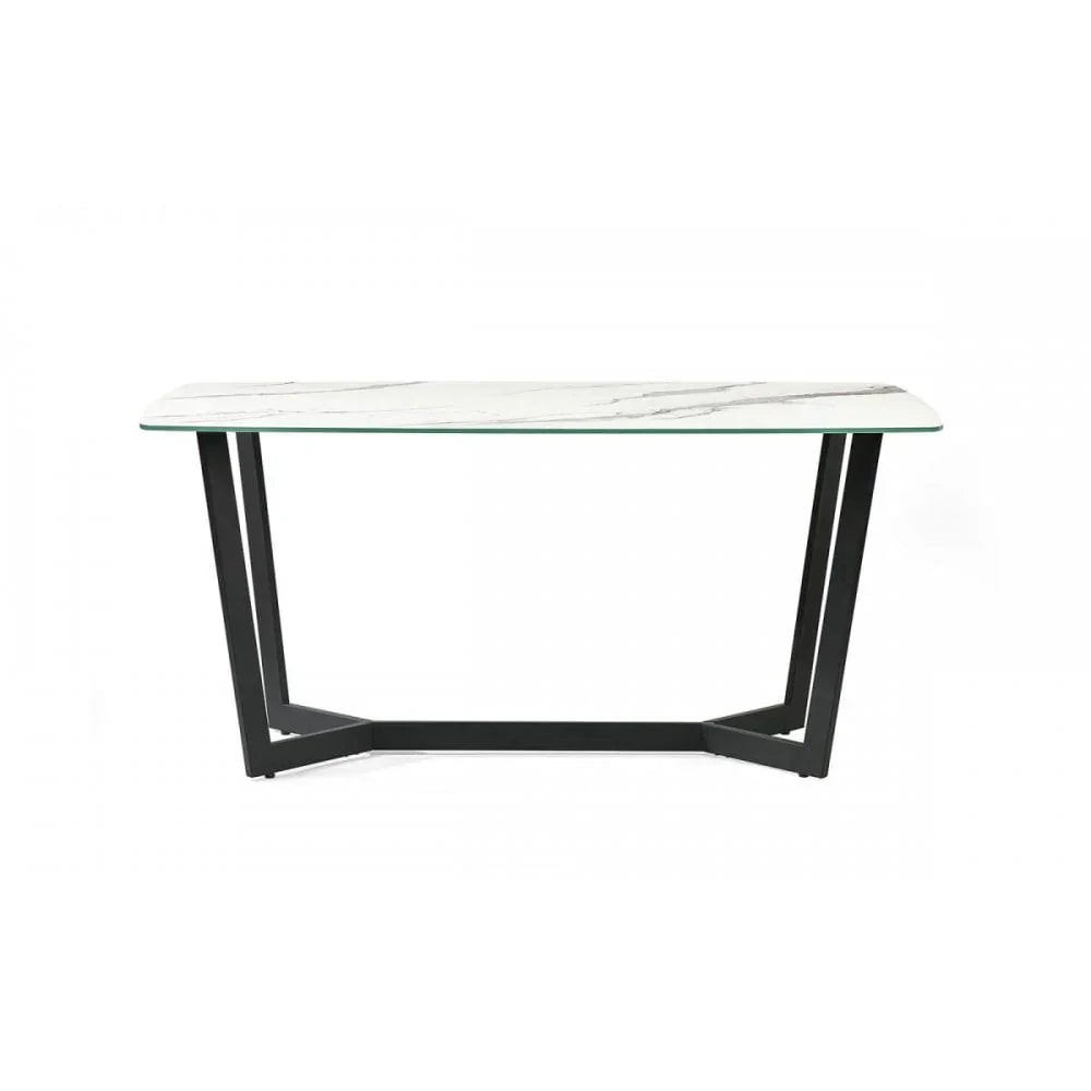 Rectangular marble top console table with black metal legs, shown from the front