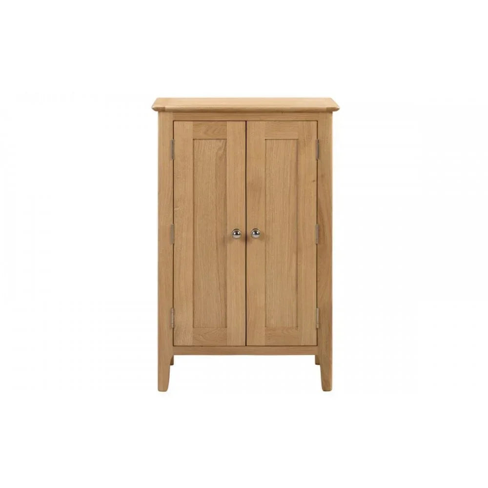 Oak cabinet with two paneled doors and metal knobs, shown on white background