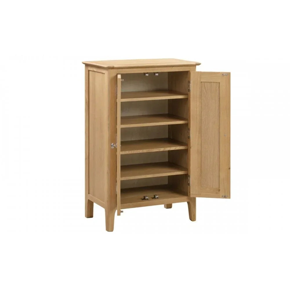 oak storage cabinet with open door and five shelves for home organization