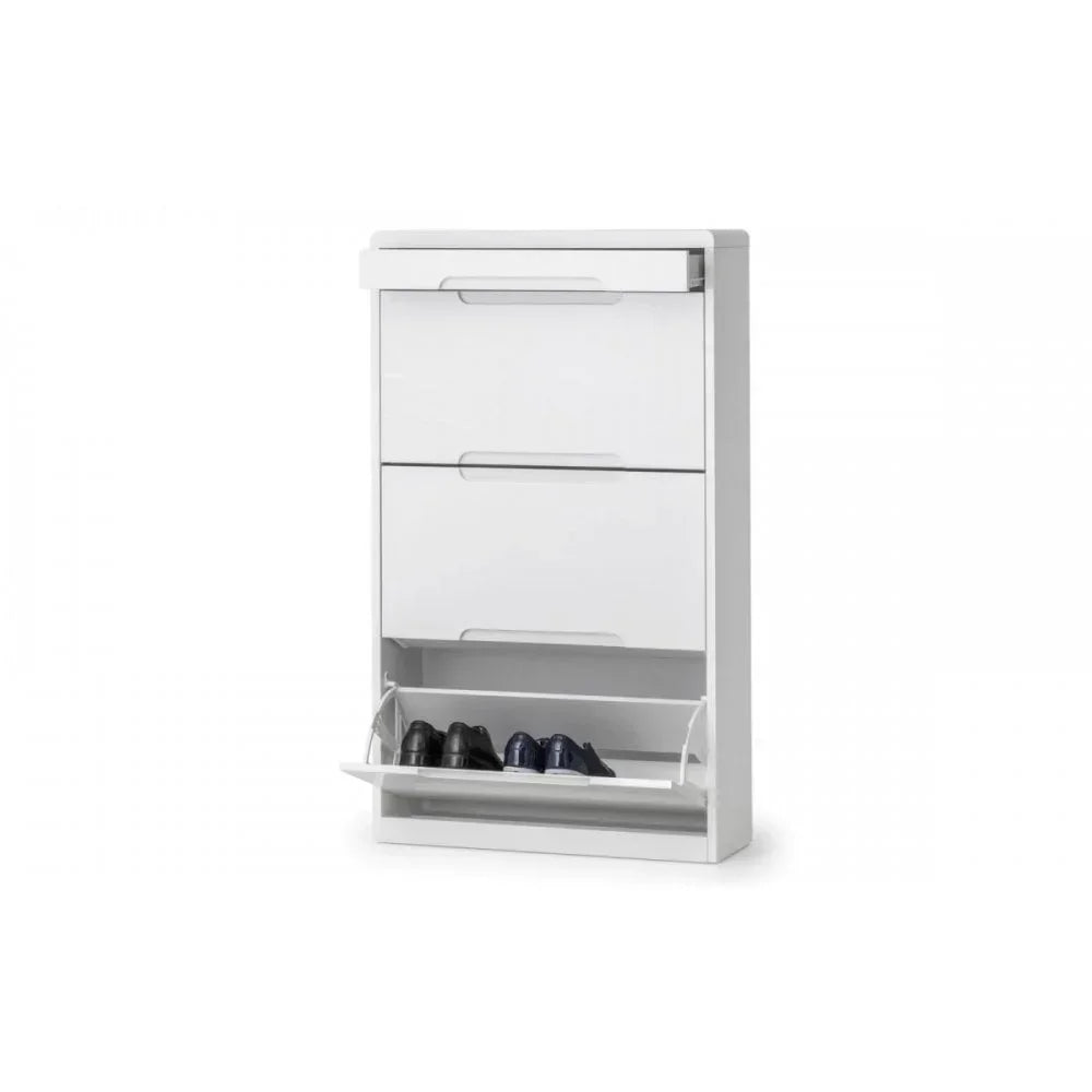 White shoe cabinet with three drop-down doors, lower compartment open showing shoes inside