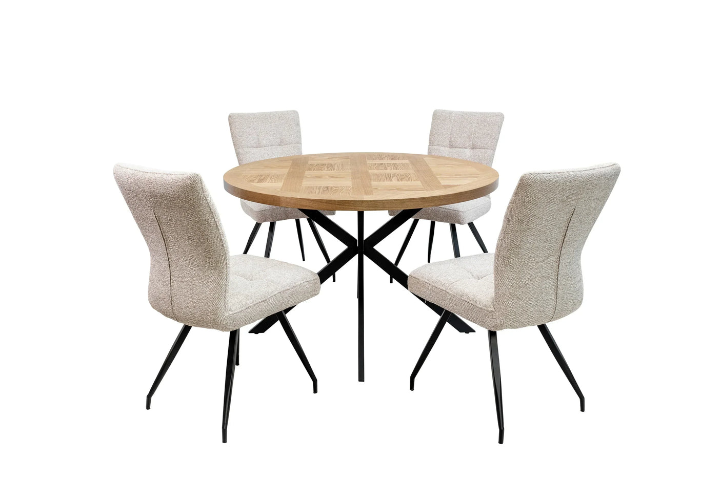 Round oak dining table with four beige upholstered chairs and black metal legs