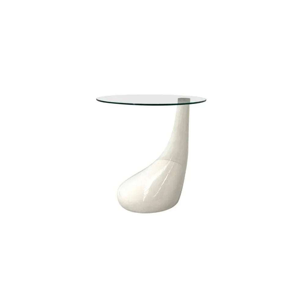 Modern side table with round glass top and white sculptural base