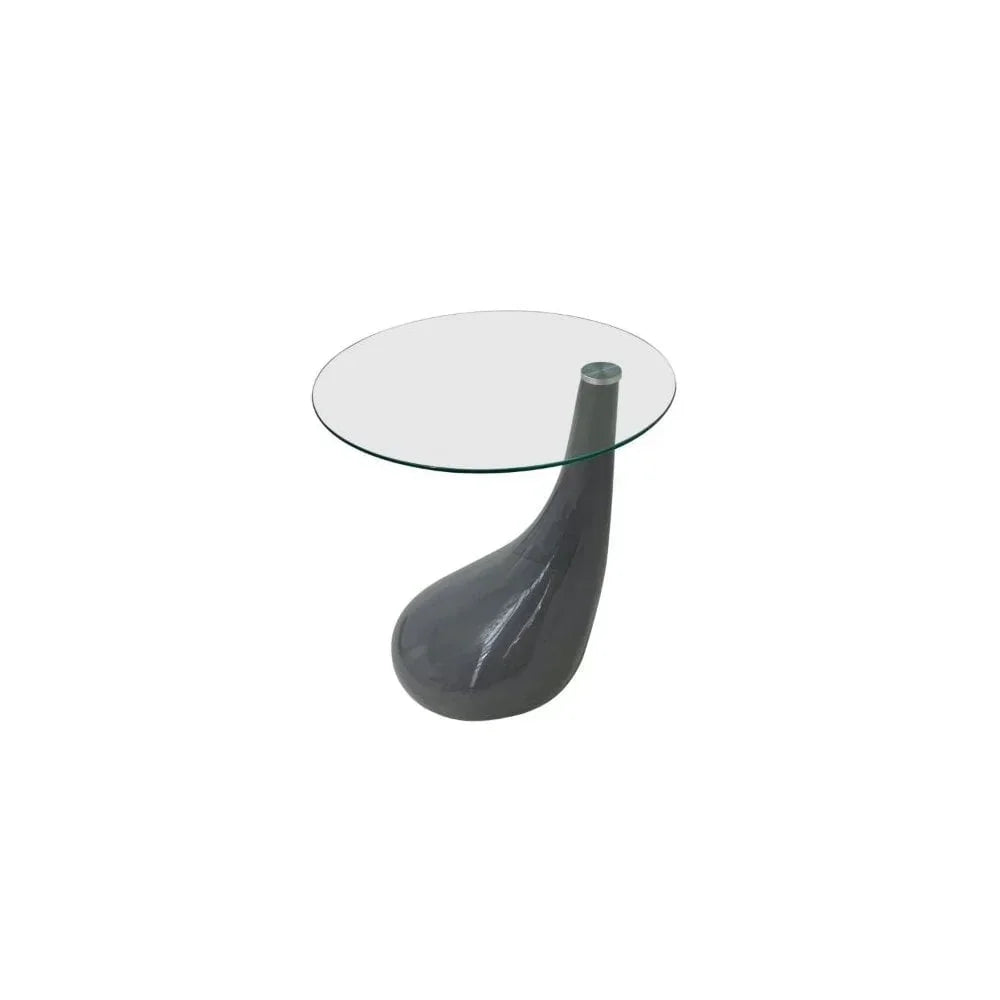 Modern glass side table with sculpted grey base on white background