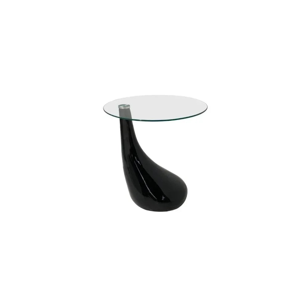 Modern round glass top side table with curved black base on white background