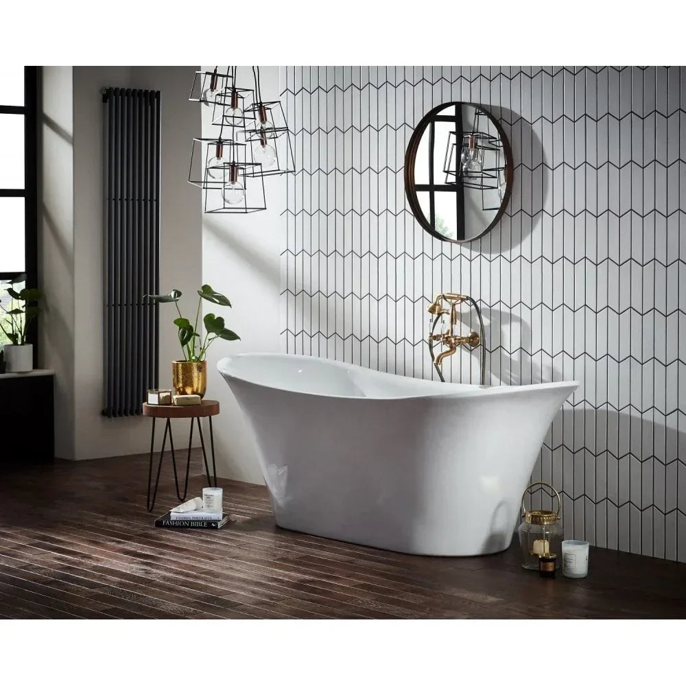 Freestanding white bathtub with modern gold tap in contemporary bathroom setting