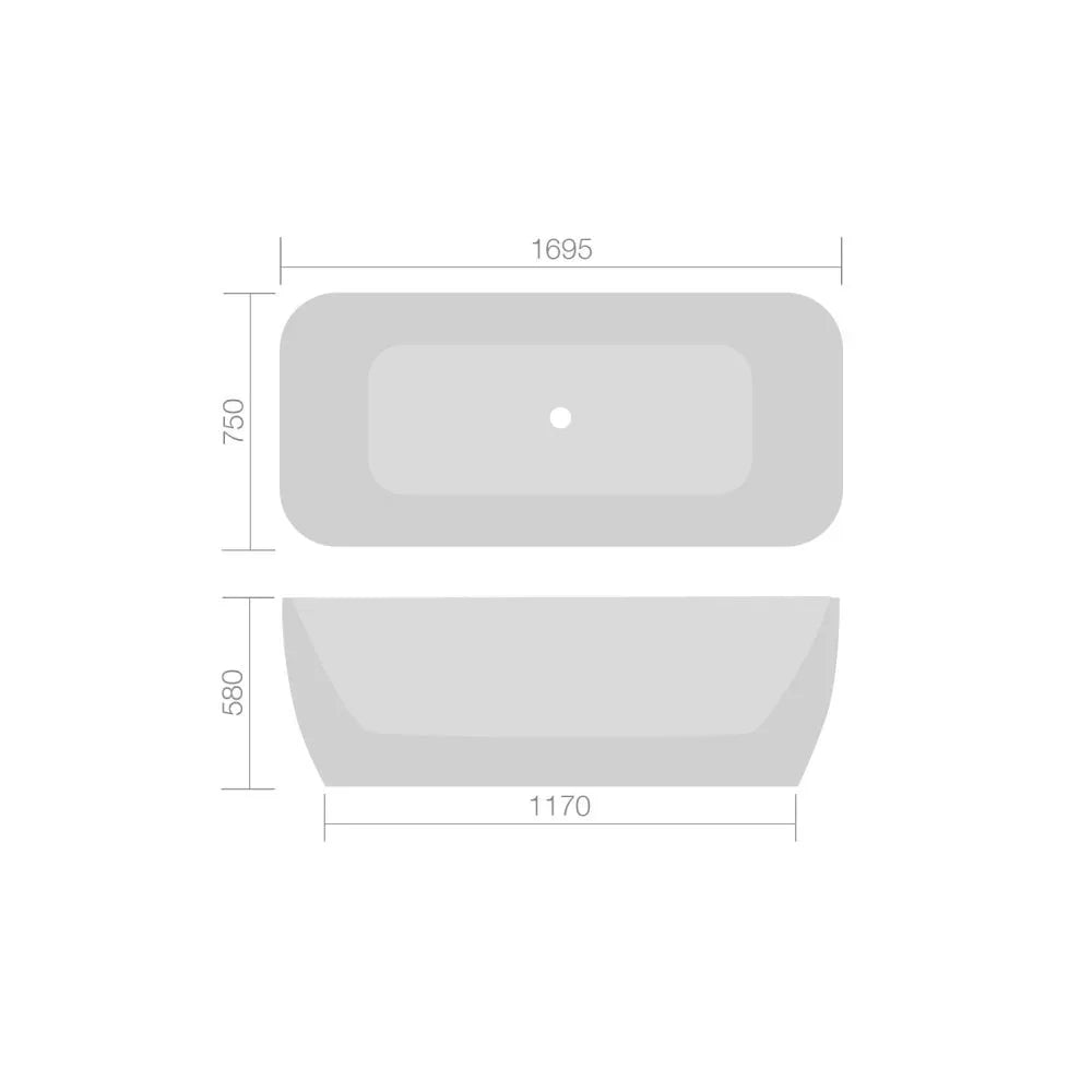 Freestanding bath diagram showing top and side view with dimensions in millimetres