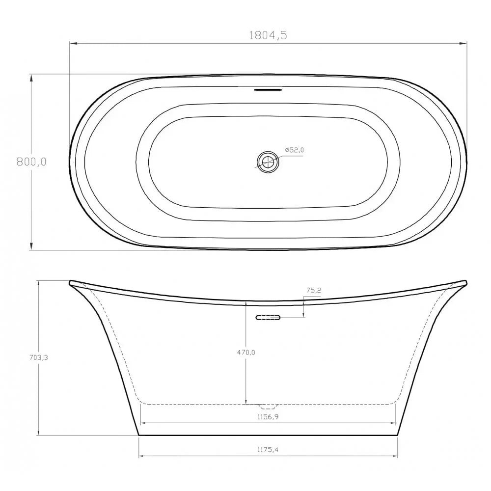 Freestanding bath technical drawing with dimensions and side profile detail