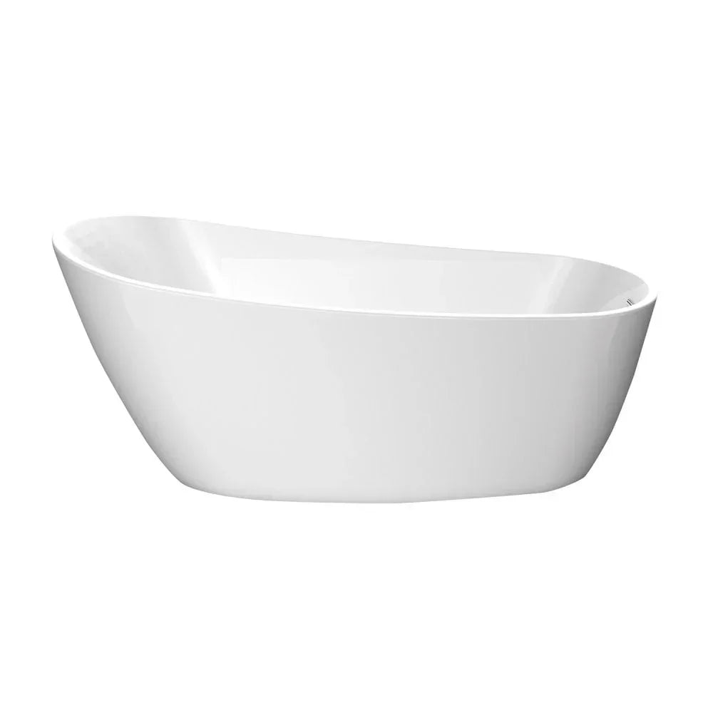 Freestanding white acrylic bath with curved edges and modern design on white background