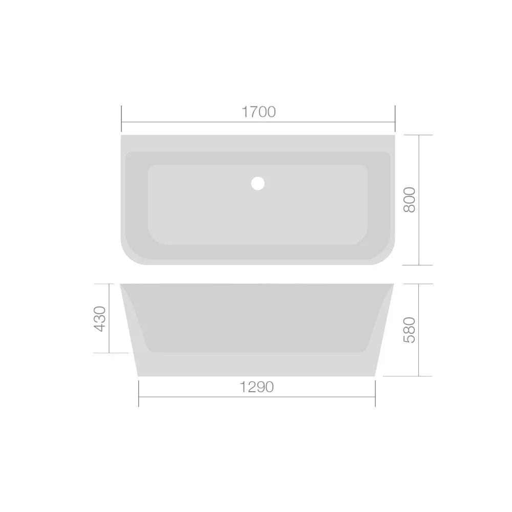 Rectangular freestanding bath line drawing with detailed dimensions labeled in millimeters