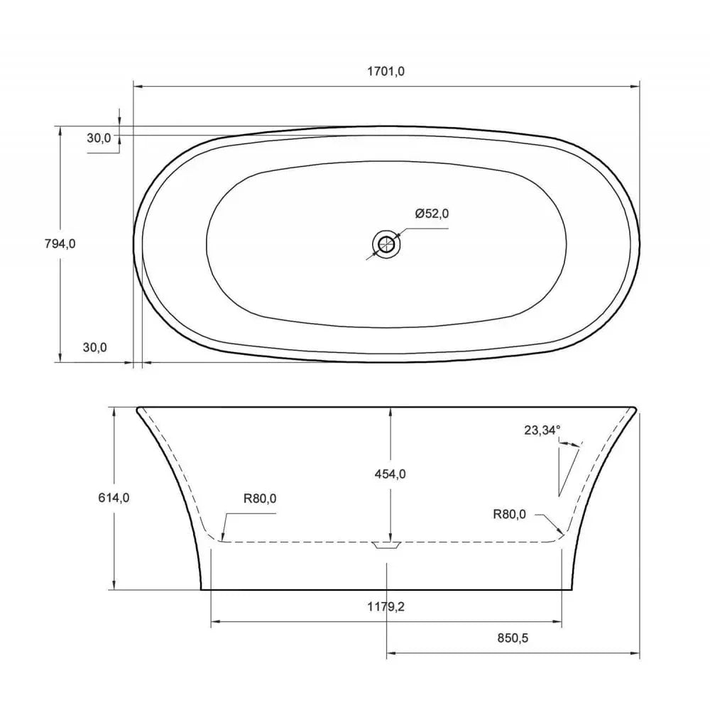Freestanding bathtub technical drawing with measurements, top and side views, white background