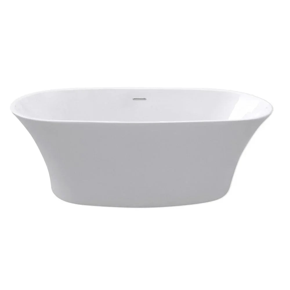 White freestanding bath with curved edges and modern oval design, front angle view