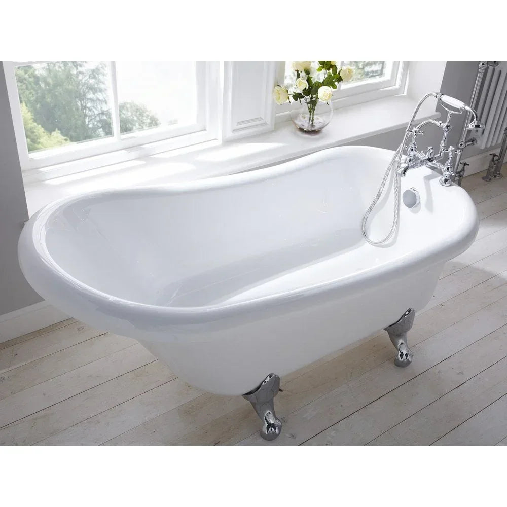Freestanding white clawfoot bath with chrome tap and handheld shower on wooden floor