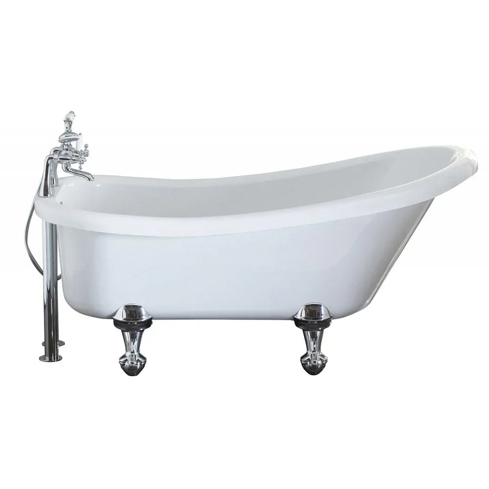 White freestanding slipper bath with chrome clawfoot legs and floor-mounted tap
