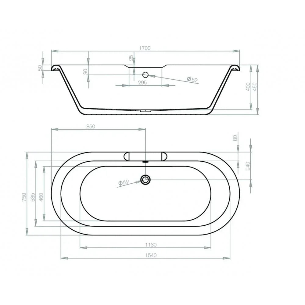 Oval freestanding bath technical drawing with measurements and side profile view