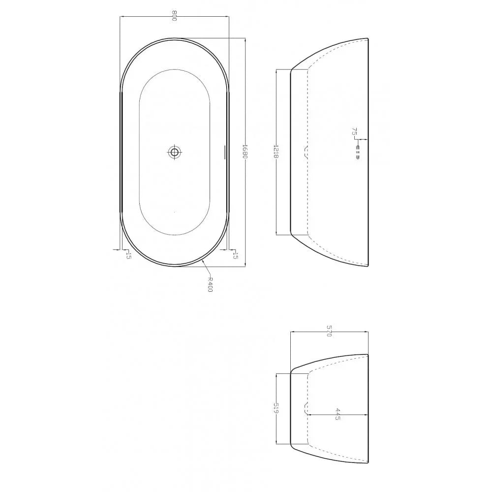 Technical drawing of oval freestanding bath with dimensions and interior layout visible