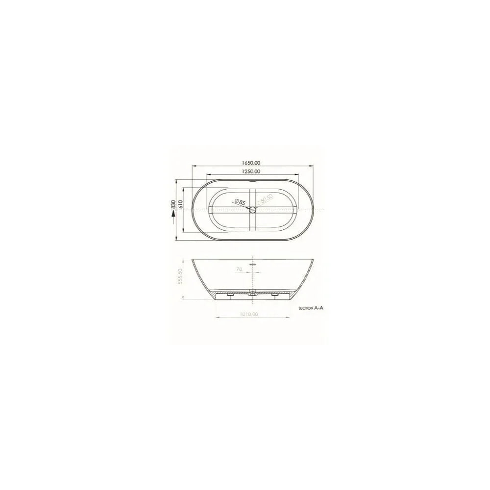 Freestanding bathtub technical drawing with dimensions and side elevation view