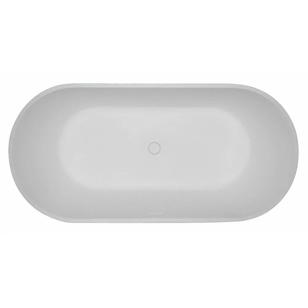 White freestanding oval bath with smooth contours, top view showing central drain