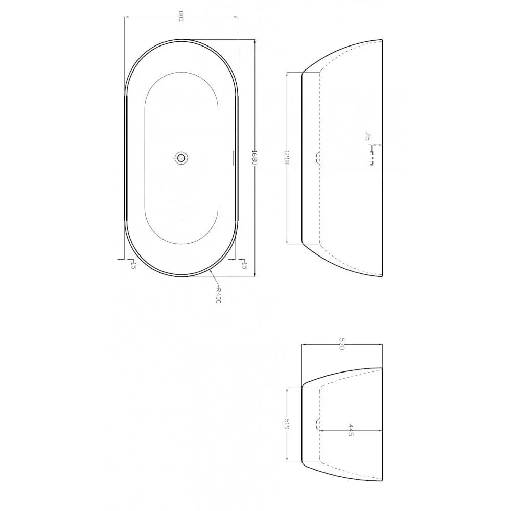 Freestanding bath technical drawing showing measurements from top, side, and end views