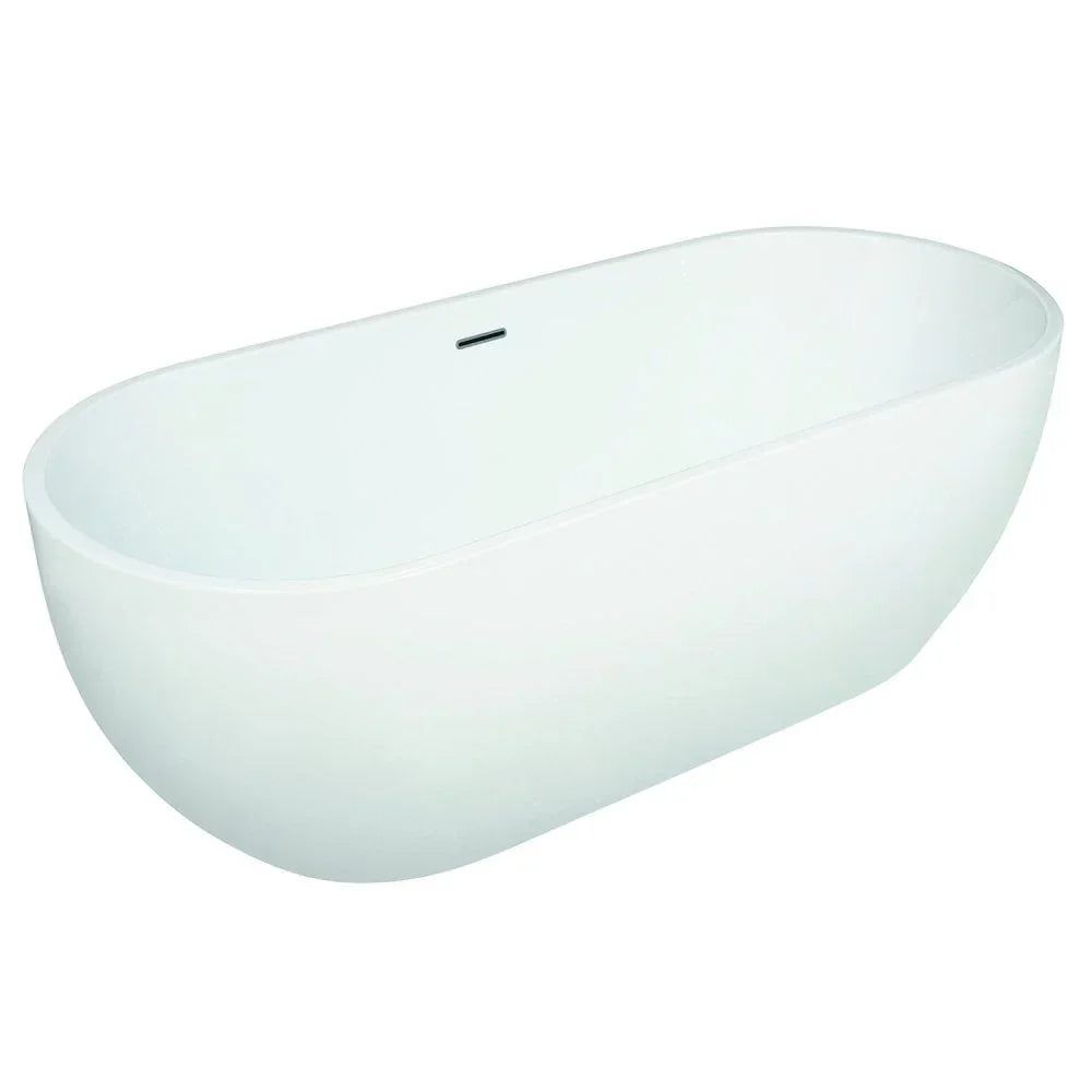 White freestanding bathtub with oval shape and smooth curved edges on white background