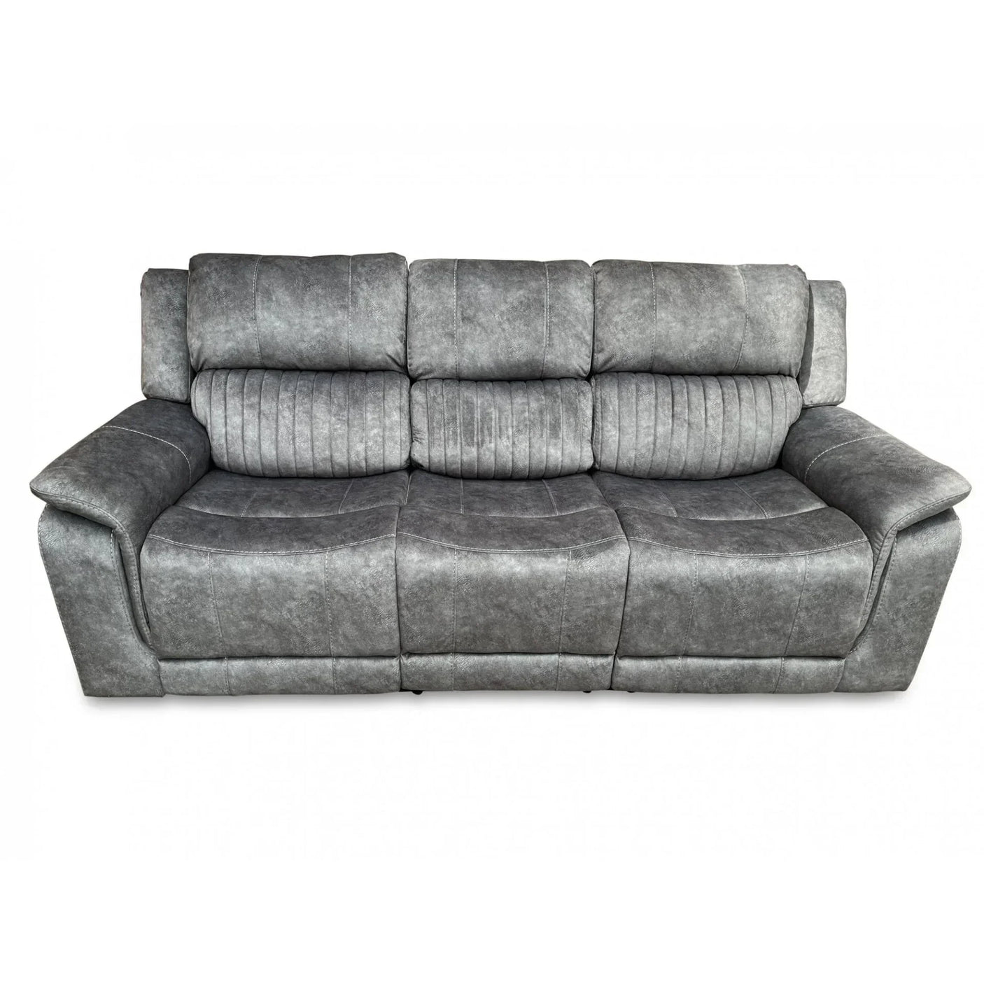 Three seater grey fabric recliner sofa with wide armrests and padded cushions front view