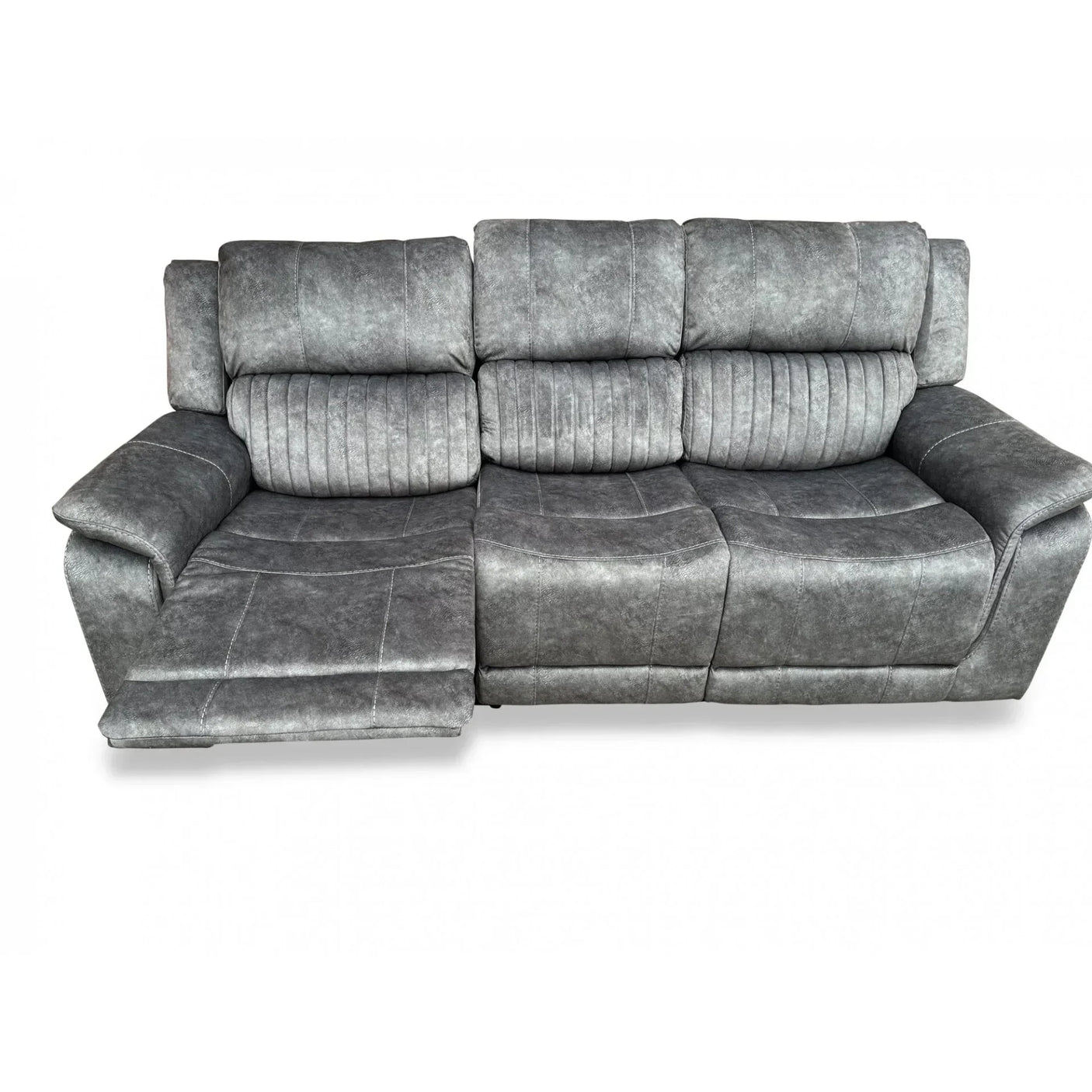 Grey fabric recliner sofa with three seats and plush cushioned backrest