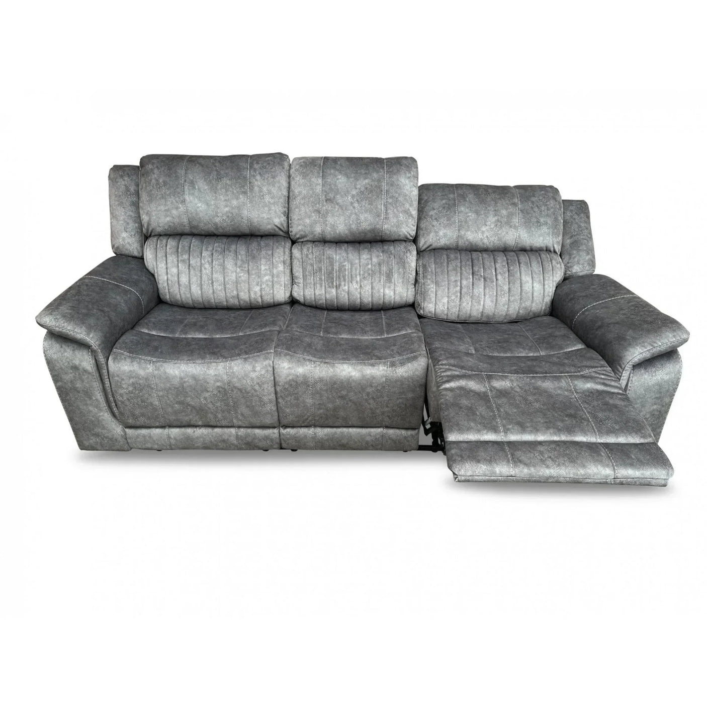 Grey recliner sofa with plush upholstery and extended footrest in front view