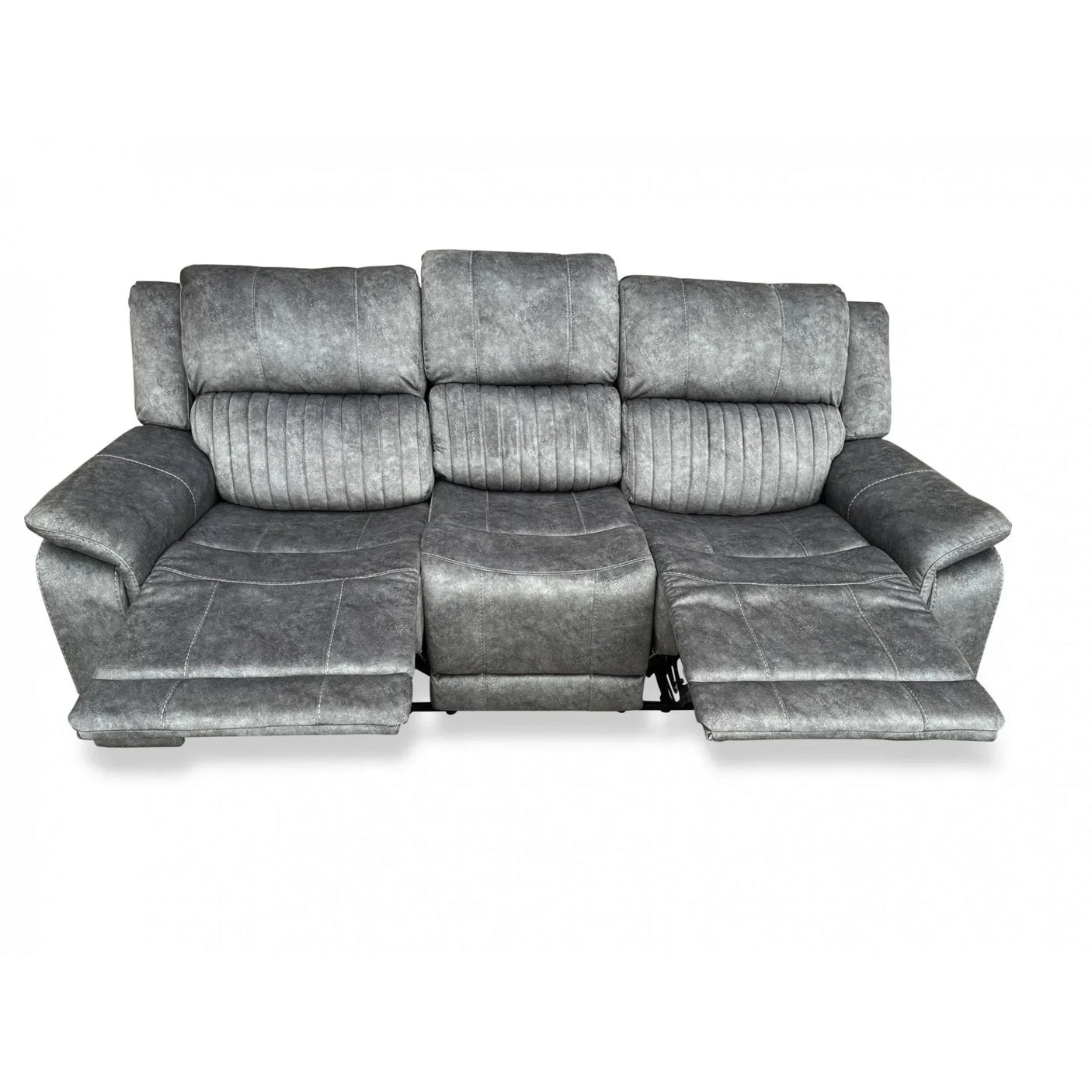 Grey fabric recliner sofa with padded seats and footrests extended, front view