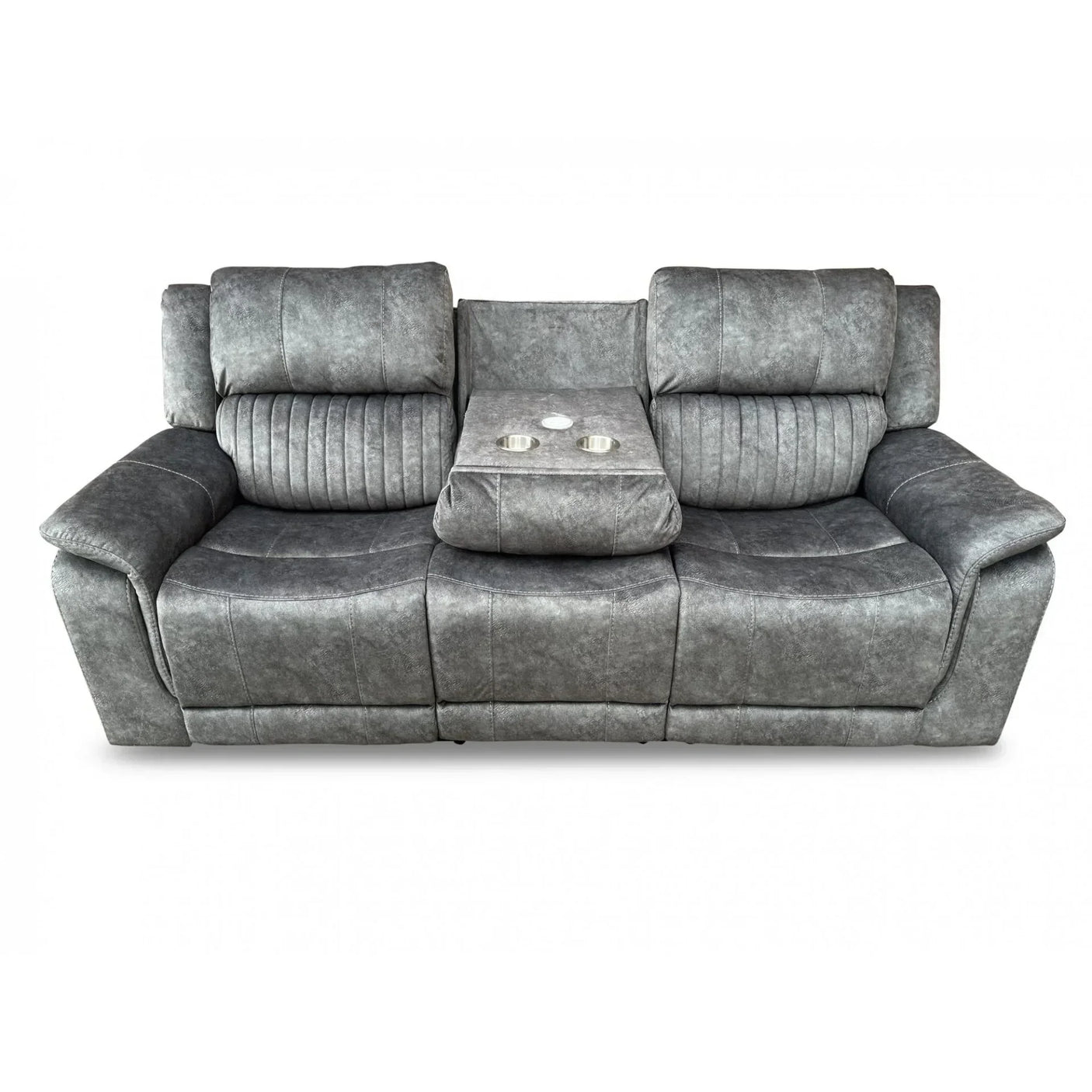 Grey fabric recliner sofa with cup holder console and padded seats, front view