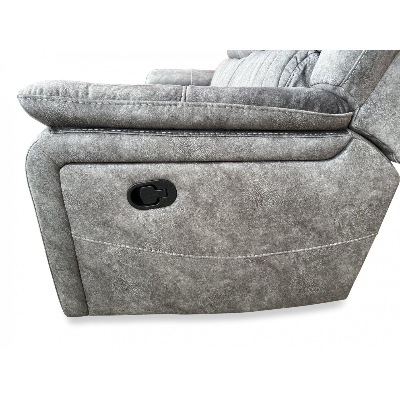 Grey fabric recliner sofa arm with manual lever and detailed stitching