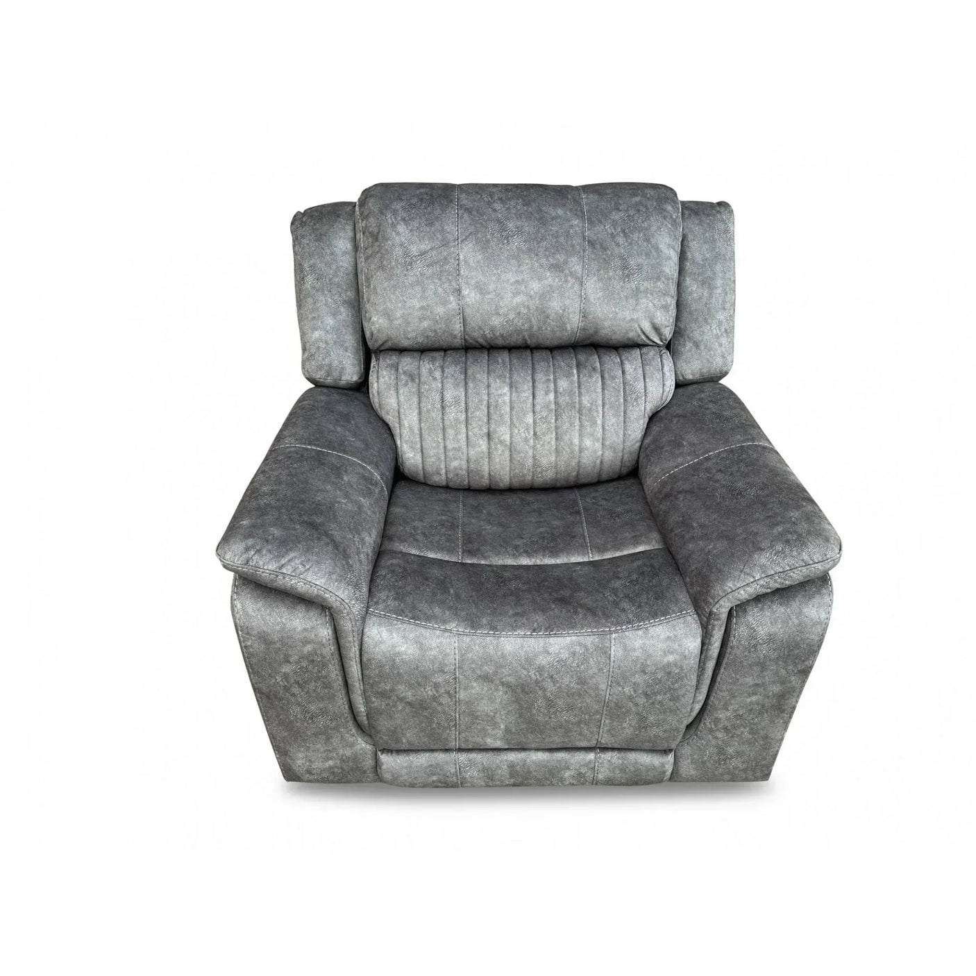 Grey fabric armchair with plush backrest and wide padded arms, front view