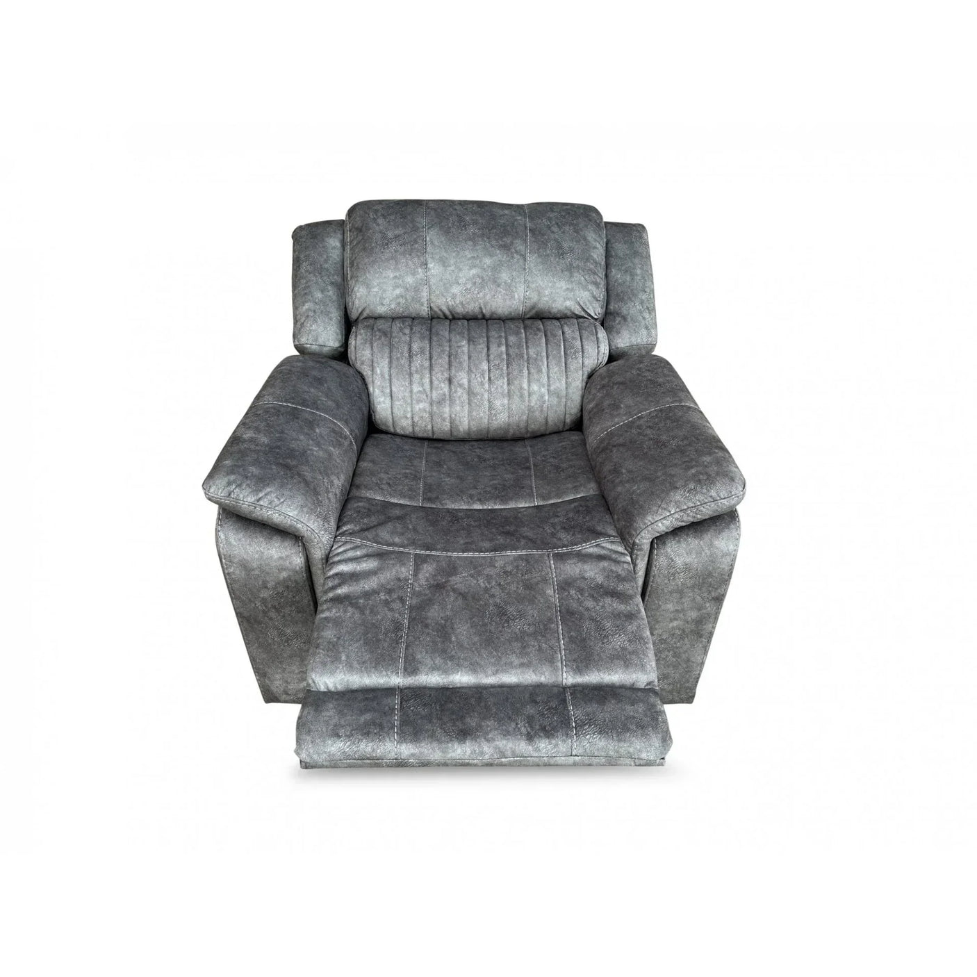 Grey recliner armchair with extended footrest and stitched padded upholstery, front view