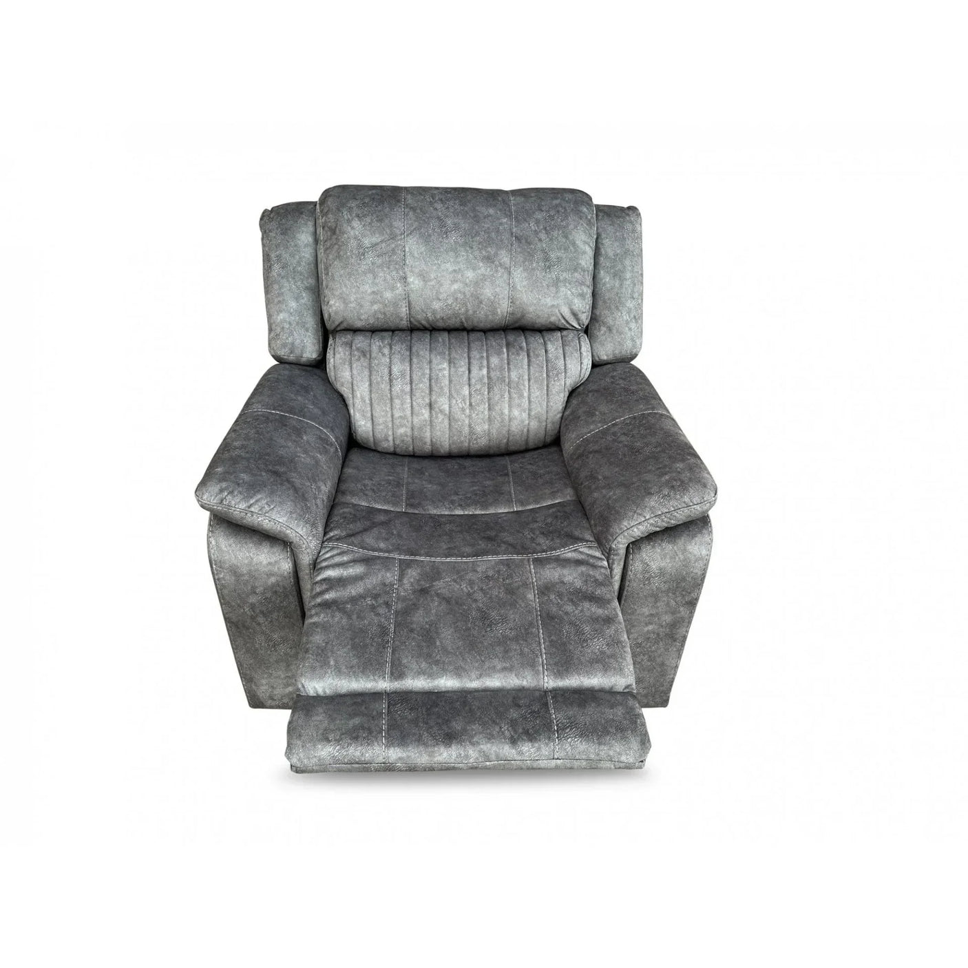 Grey fabric recliner armchair with padded backrest and extended footrest, front view