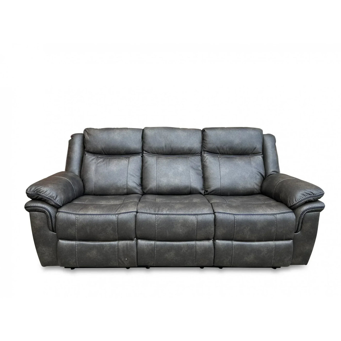 Three seater grey leather sofa with cushioned back and armrests, front view