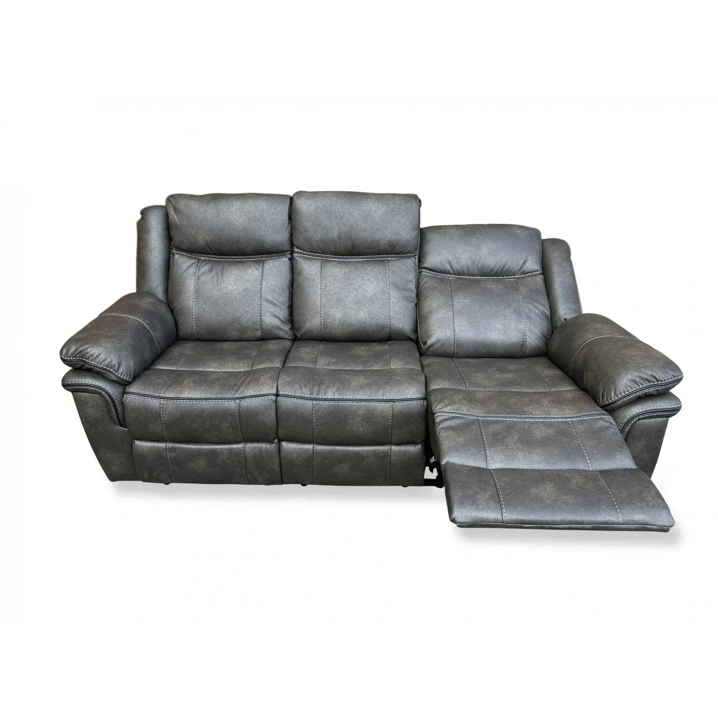 Dark grey leather reclining sofa with extended footrest and plush armrests