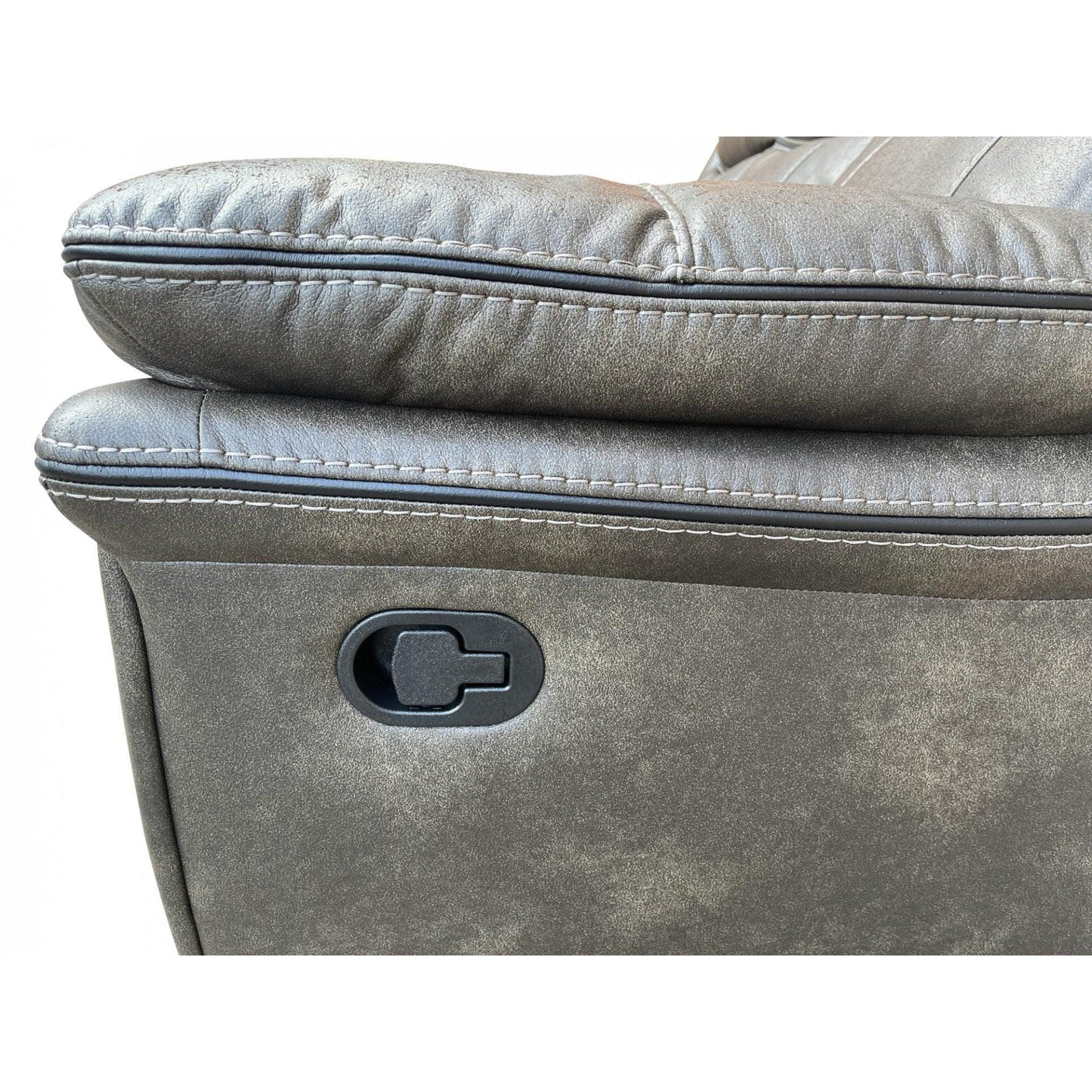 Closeup of brown recliner sofa armrest with manual lever and stitched detailing