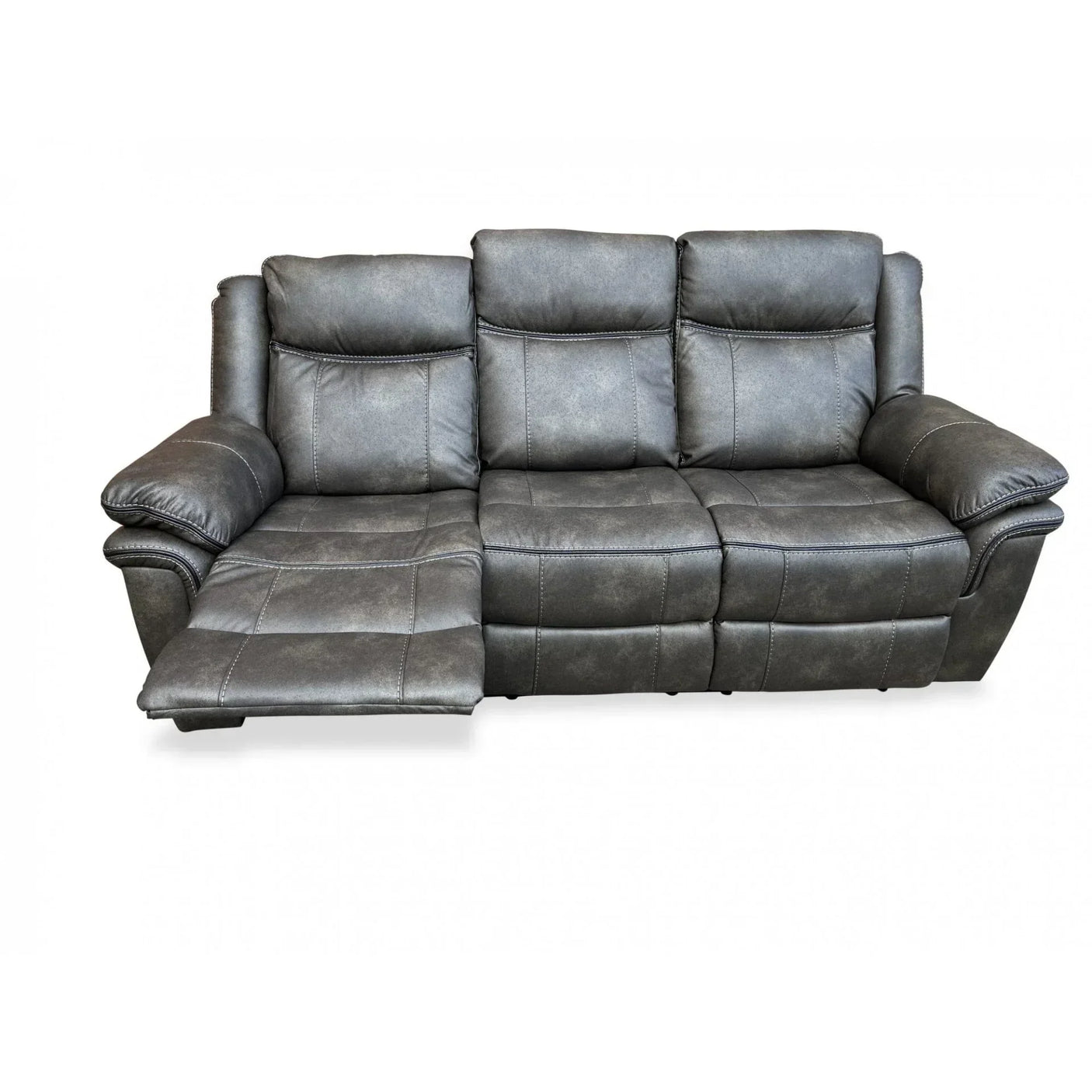 Grey reclining leather sofa with padded armrests and leg rest extended, front view
