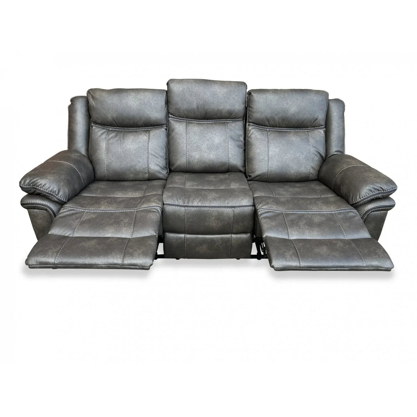 Grey leather recliner sofa with extended footrests and padded armrests, front view
