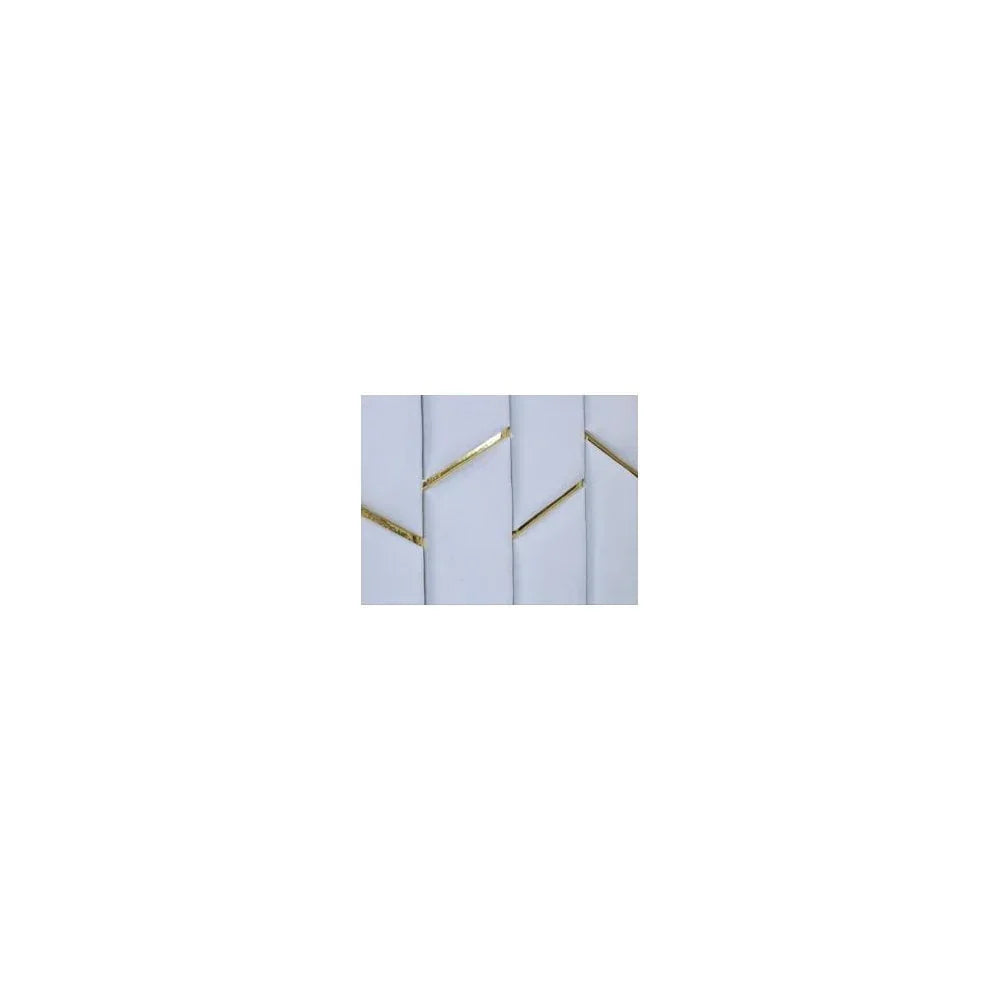 White wall tile with gold accent detail in staggered modern pattern
